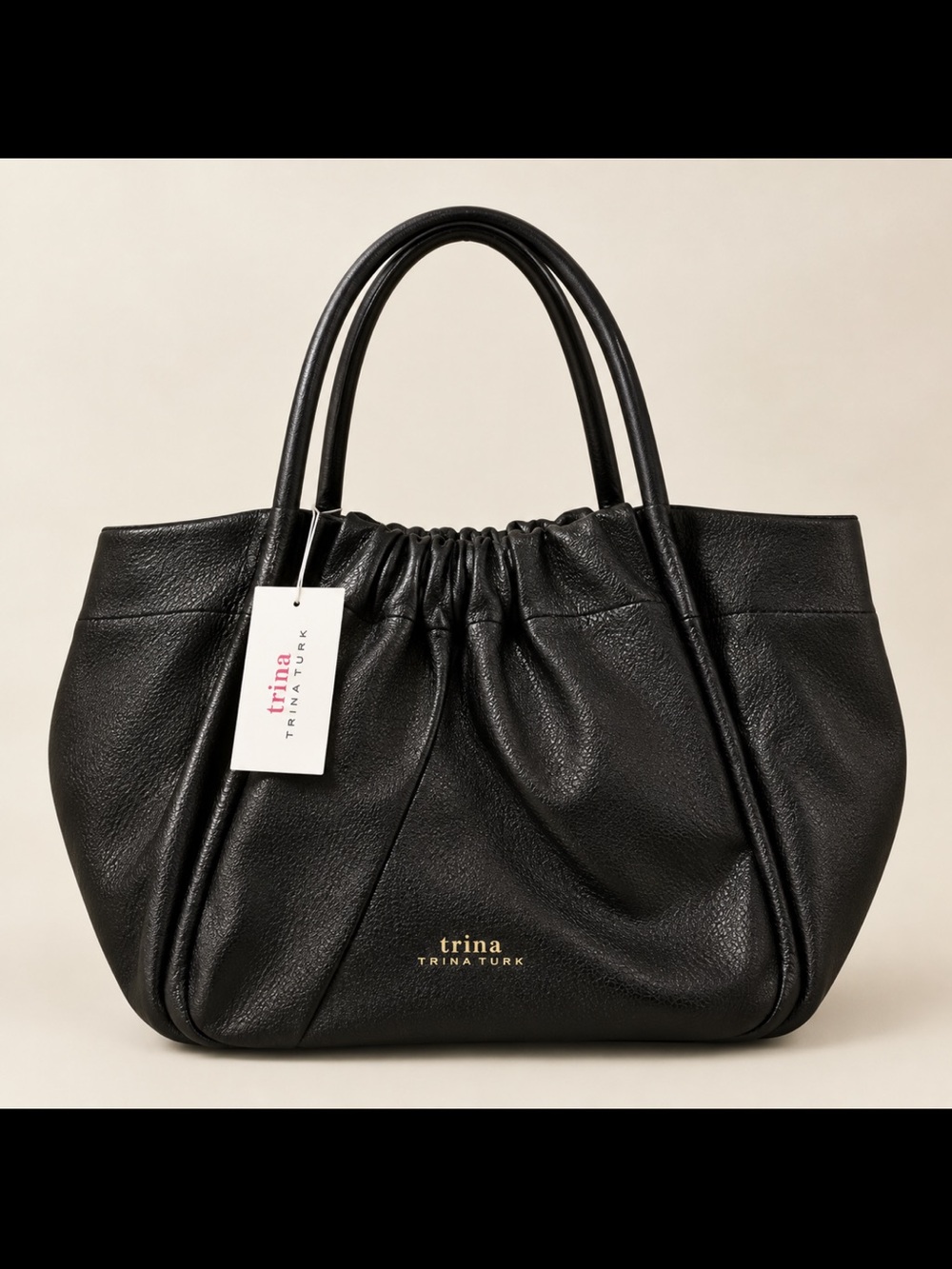 Trina Turk Black Leather Gathered Tote with Gold Logo